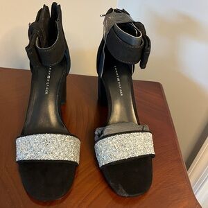 Tommy Hilfiger  black and silver block heel dress sandal, size 7
